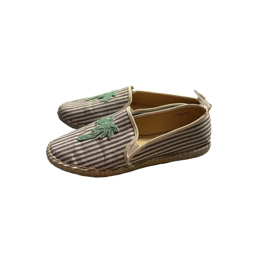 Talbots Womens Striped Espadrille Flats With Green Beaded Palm Tree Design Size